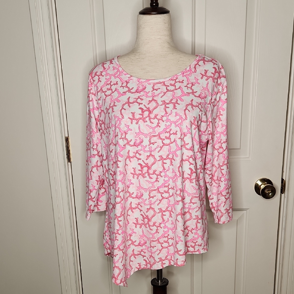 Anthony's Resort Wear White Pink Coral Print Asymmetric Top Size L